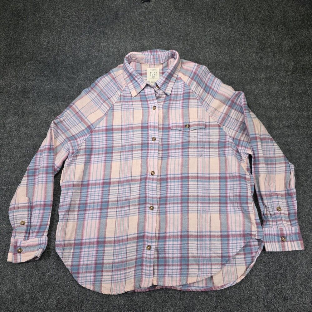 Billabong Womens Flannel Shirt, Small, Plaid Pink Blue, Button Up, Long Sleeve.